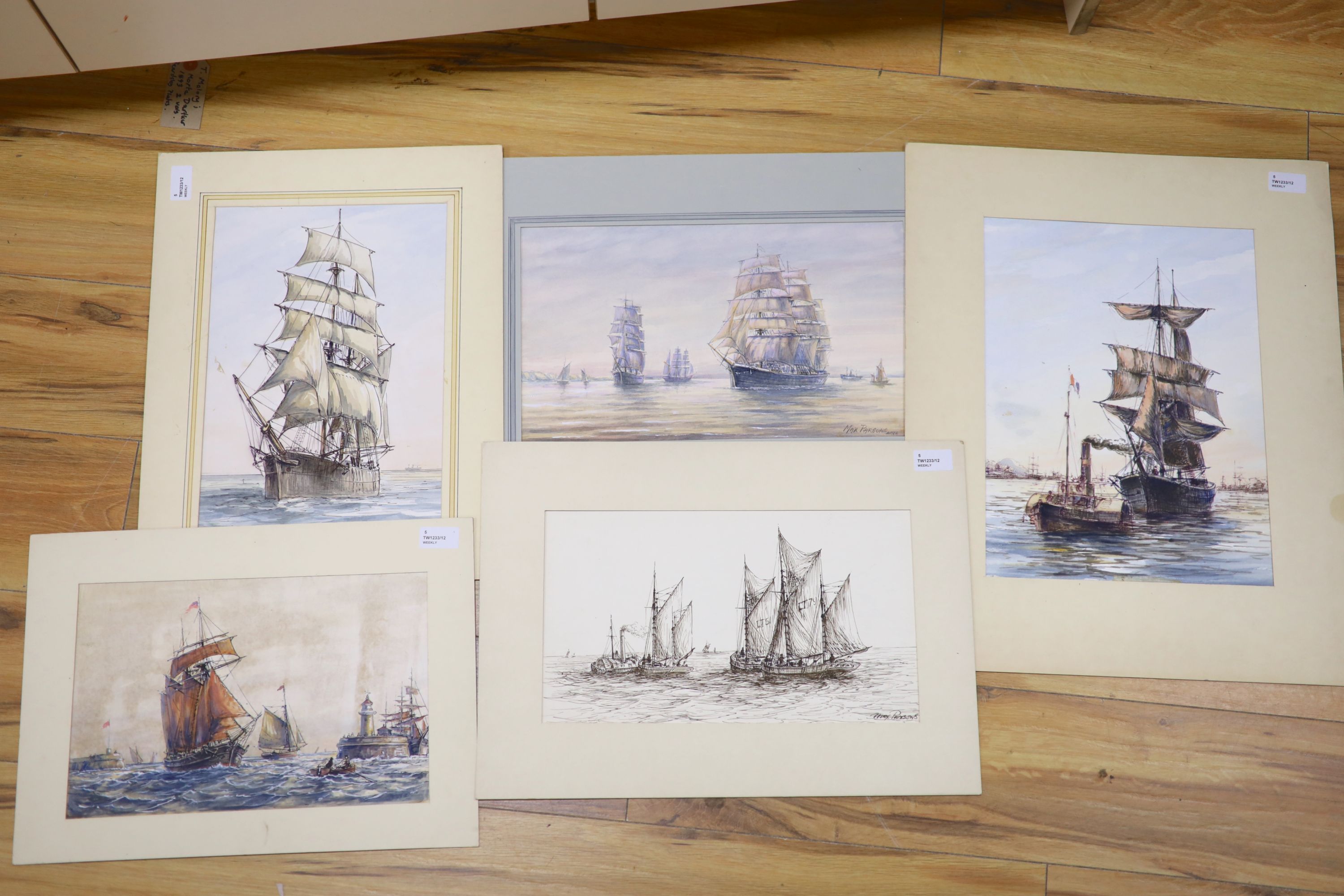 Max Parsons A.R.C.A. (1915-1998), a group of five watercolour drawings of sailing clippers and other vessels at sea, some signed, one dated 1982, unframed, 37 x 28cm (largest)